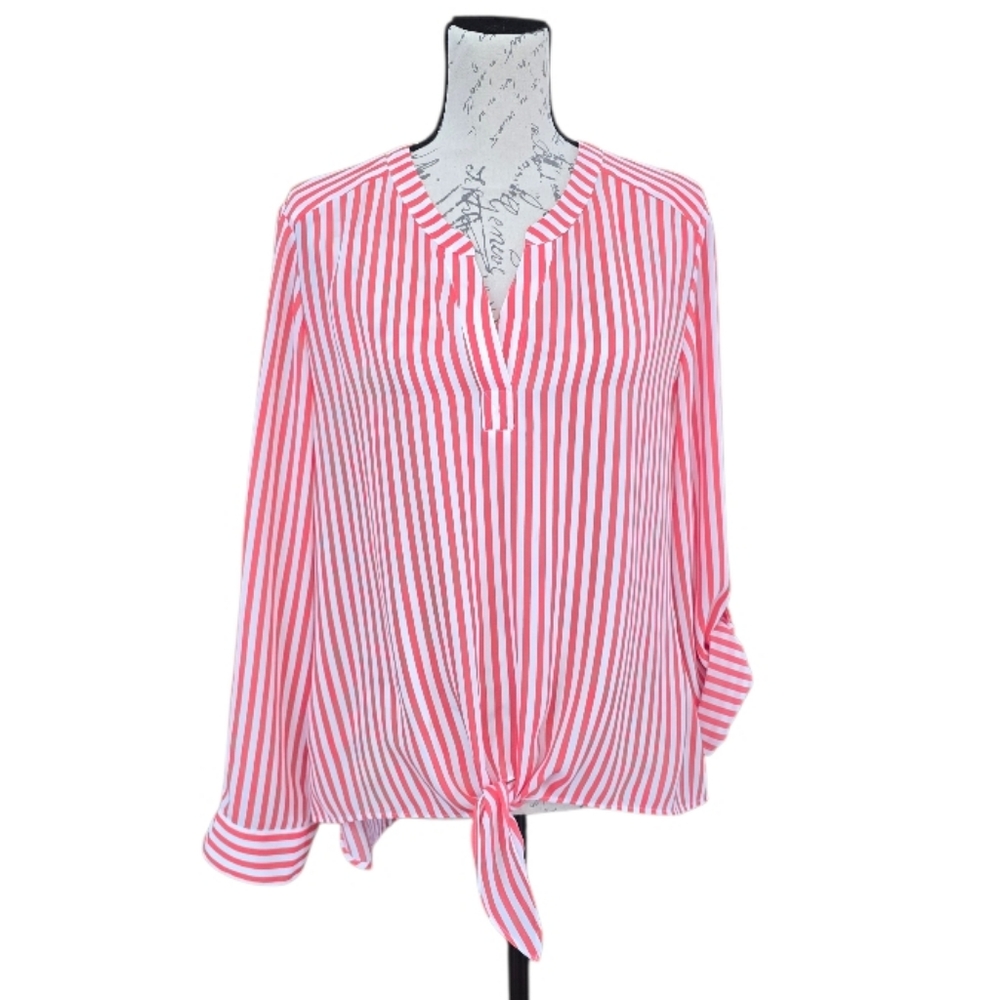 Chico's Cool Stripes Stefani Coral White Stripe Long Sleeve Pullover Blouse M